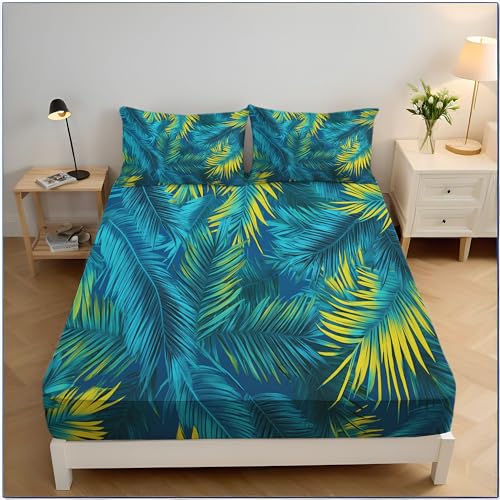 200x200cm Spannbetttuch Ästhetik Kunst Drucken Spannbettlaken, Blau Tropisch Palmblätter Dekorativ Bettlaken, Super Weich Atmungsaktiv Mikrofaser Boxspringbett Bettlaken von MULERN