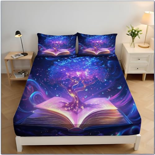 200x200cm Spannbetttuch Fantasy Drucken Spannbettlaken, Lila Blau Bücher Leuchtender Baum Dekorativ Bettlaken, Super Weich Atmungsaktiv Mikrofaser Boxspringbett Bettlaken von MULERN