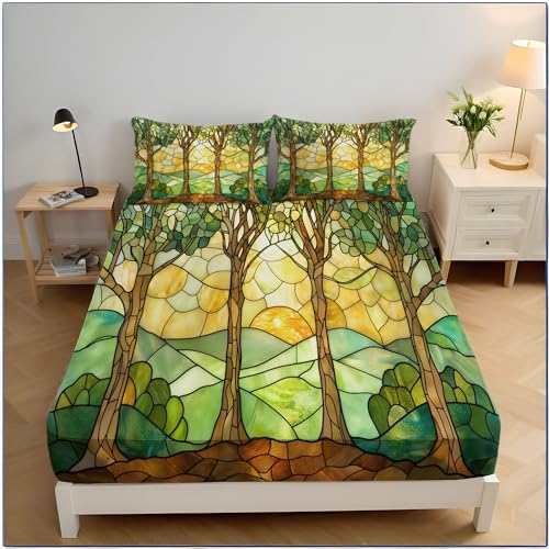 200x200cm Spannbetttuch Farbe Glas Drucken Spannbettlaken, Gelbgrün Bäume Hügel Dekorativ Bettlaken, Super Weich Atmungsaktiv Mikrofaser Boxspringbett Bettlaken von MULERN