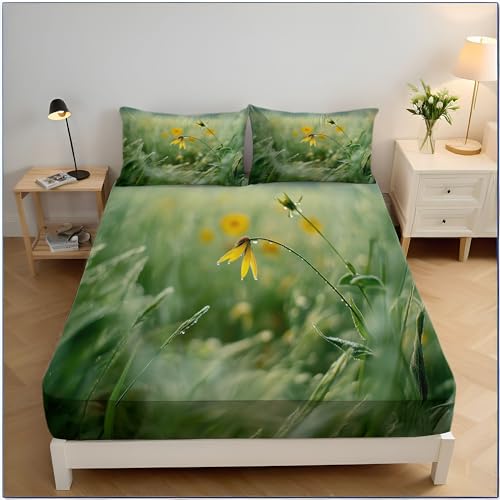 200x200cm Spannbetttuch Natur Blumen Drucken Spannbettlaken, Grasgrün Feld Echinacea Dekorativ Bettlaken, Super Weich Atmungsaktiv Mikrofaser Boxspringbett Bettlaken von MULERN