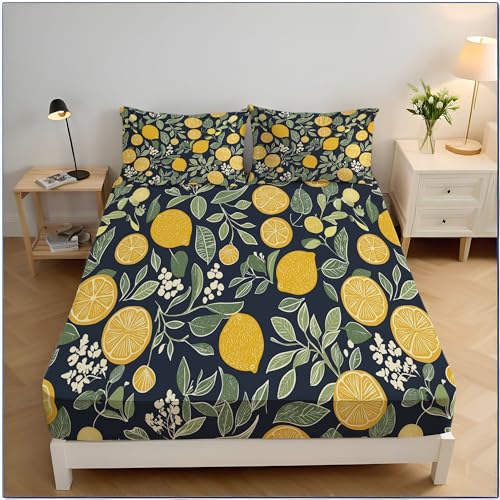 90x200cm Spannbetttuch Linie Kunst Drucken Spannbettlaken, Gelbgrün Handgezeichnet Zitrone Dekorativ Bettlaken, Super Weich Atmungsaktiv Mikrofaser Boxspringbett Bettlaken von MULERN