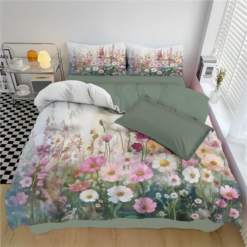 Bettwäsche 3teilig Bettbezug, Natur Blumen Bettwäsche Sets 135x200cm mit 2 Kissenbezüge 80x80cm, Weiß Grün Weich Wendebettwäsche Bedding Hügel Blumen Muster mit Reißverschluss Bettwäsche 3teilig Bettbezug, Natur Blumen Bettwäsche Sets 135x200cm mit 2 Kissenbezüge 80x80cm, Weiß Grün Weich Wendebettwäsche Bedding Hügel Blumen Muster mit Reißverschluss von MULERN