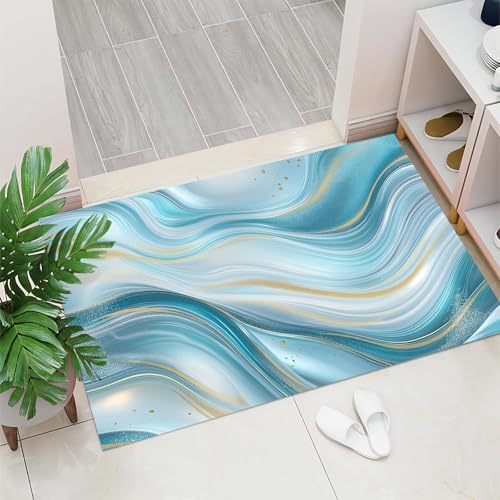 Fußmatte 50x80cm Innen und Außen, Blaugold Waschbar Fussmatt, Glitzerlinien Wirbel Wasserdicht Türmatte, Abstrakter Marmor Rutschfester Schmutzfänger Teppich für Haustür, Patio, Flur von MULERN