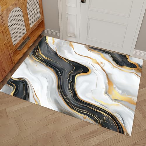 Fußmatte Innen, Linien Marmor Waschbar Wasserdicht Robust Abstrakt Malerei Schmutzfänger für Eingang, Haustür, Flur, Küche, Schlafzimmer Poet Größe 50x80cm Carpet Cremefarben von MULERN