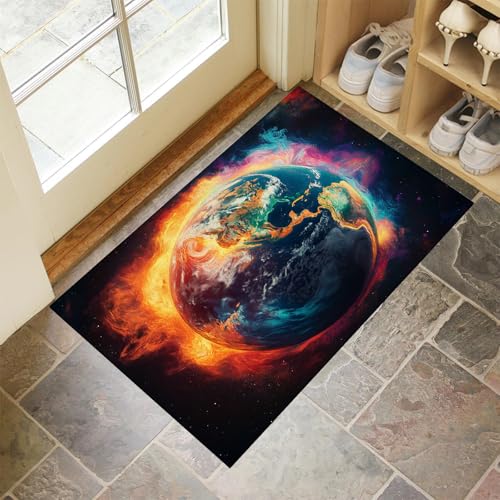 Fußmatte rutschfest 40x60cm, Feuer Erde Waschbar Flur Matte, Schwarz Rot Weiche Haustür Matte, Schmutzfangmatte für Innen Außen, Weltraum Planet Fussabtreter Eingangsbereich von MULERN