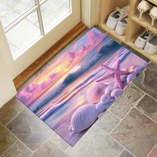Fußmatte rutschfest 50x80cm, Strand Seesterne Muscheln Waschbar Flur Matte, Rosa Lila Weiche Haustür Matte, Schmutzfangmatte für Innen Außen, Traum Fussabtreter Eingangsbereich von MULERN