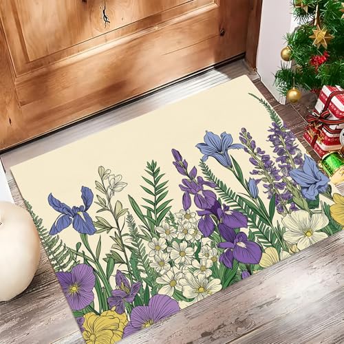 Fußmatte rutschfest 60x90cm, Frühling Blumen Waschbar Flur Matte, Beige Weiche Haustür Matte, Schmutzfangmatte für Innen Außen, Handgemalt Blumen Fussabtreter Eingangsbereich von MULERN