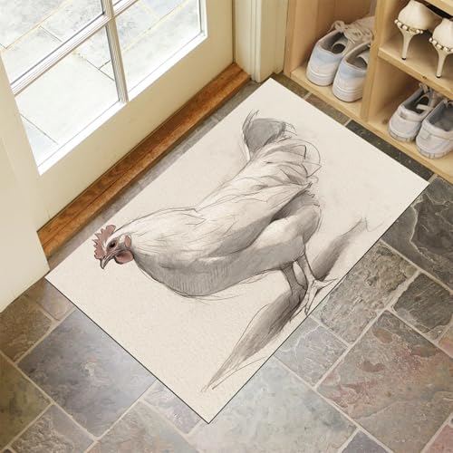 Fußmatte rutschfest 60x90cm, Skizze Huhn Waschbar Flur Matte, Beige Grau Weiche Haustür Matte, Schmutzfangmatte für Innen Außen, Handgemalt Kunst Fussabtreter Eingangsbereich von MULERN