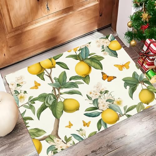 Fußmatte rutschfest 60x90cm, Zitronenbaum Waschbar Flur Matte, Weiß Weiche Haustür Matte, Schmutzfangmatte für Innen Außen, Natur Kunst Fussabtreter Eingangsbereich von MULERN