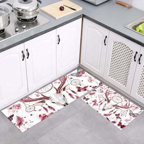 Küchenteppich Läufer 2 Stück, Bohemian Geweih Traumfänger rutschfest Waschbar Küchenläufer, Anti-Müdigkeit Küchenmatte, Weich Teppich für Küche Esszimmer Flur Rotes Pulver, 40x60cm+40x120cm von MULERN
