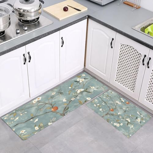 Küchenteppich Läufer 2 Stück, Chinesischer Stil Früchte Zweige Blumen Rutschfest Waschbar Küchenläufer, Anti-Müdigkeit Küchenmatte, Weich Teppich für Esszimmer Flur Hellgrau Blau, 40x60cm+40x120cm von MULERN