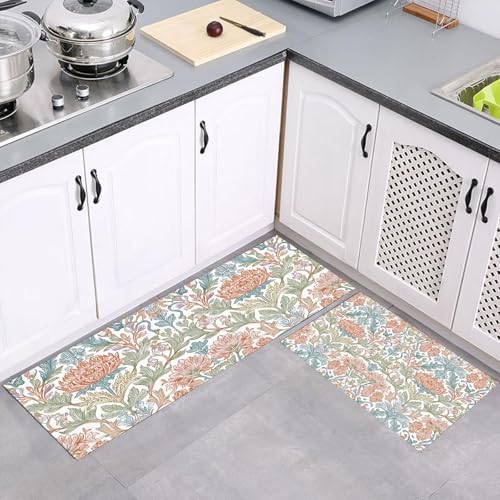 Küchenteppich Läufer 2 Stück, Ländlich Pastoral Symmetrisch Floral Rutschfest Waschbar Küchenläufer, Anti-Müdigkeit Küchenmatte, Weich Teppich für Küche Esszimmer Flur Pfirsich, 40x60cm+40x120cm von MULERN