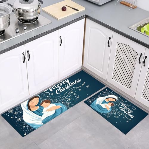 Küchenteppich Läufer 2 Stück, Moderne Illustration Jesuskind rutschfest Waschbar Küchenläufer, Anti-Müdigkeit Küchenmatte, Weich Teppich für Küche Esszimmer Flur Dunkelblau, 40x60cm+40x120cm von MULERN