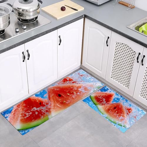 Küchenteppich Läufer 2 Stück, Obst Fotografie Wassermelone Wasser Rutschfest Waschbar Küchenläufer, Anti-Müdigkeit Küchenmatte, Weich Teppich für Küche Esszimmer Flur Rot Blau, 43x75cm+43x150cm Küchenteppich Läufer 2 Stück, Obst Fotografie Wassermelone Wasser Rutschfest Waschbar Küchenläufer, Anti-Müdigkeit Küchenmatte, Weich Teppich für Küche Esszimmer Flur Rot Blau, 43x75cm+43x150cm von MULERN
