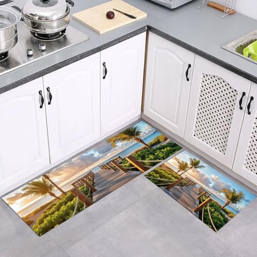 Küchenteppich Läufer 2 Stück, Sonnenuntergang Strand Vegetation Promenade Rutschfest Waschbar Küchenläufer, Anti-Müdigkeit Küchenmatte, Weich Teppich für Esszimmer Flur Blaugrün, 40x60cm+40x120cm von MULERN