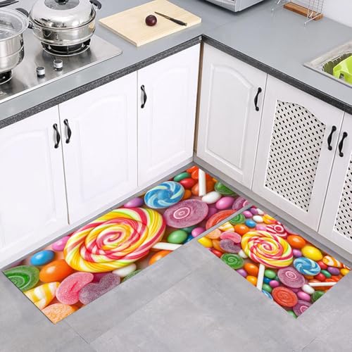 Küchenteppich Läufer 2 Stück, Süß Modern Süßigkeiten Lutscher rutschfest Waschbar Küchenläufer, Anti-Müdigkeit Küchenmatte, Weich Teppich für Küche Esszimmer Flur Bunt, 40x60cm+40x120cm Küchenteppich Läufer 2 Stück, Süß Modern Süßigkeiten Lutscher rutschfest Waschbar Küchenläufer, Anti-Müdigkeit Küchenmatte, Weich Teppich für Küche Esszimmer Flur Bunt, 40x60cm+40x120cm von MULERN