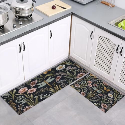 Küchenteppich Läufer 2 Stück, Vintage Wildblumen Schmetterlinge Libellen Rutschfest Waschbar Küchenläufer, Anti-Müdigkeit Küchenmatte, Weich Teppich für Esszimmer Flur Dunkelblau, 40x60cm+40x120cm von MULERN