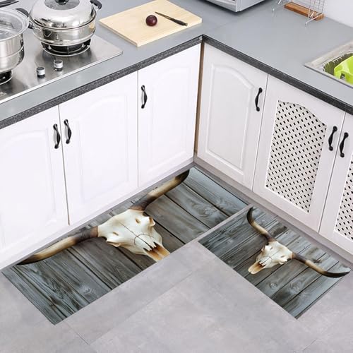 Küchenteppich Sets Gehörnter Totenkopf Zaun Treibholz, Bauernhaus 2 Stück Rutschfeste Küchenmatten Teppiche Läuferset, Gummibacking Absorbierende Waschbare Bodenmatten, 43x75cm+43x150cm, Graubraun von MULERN