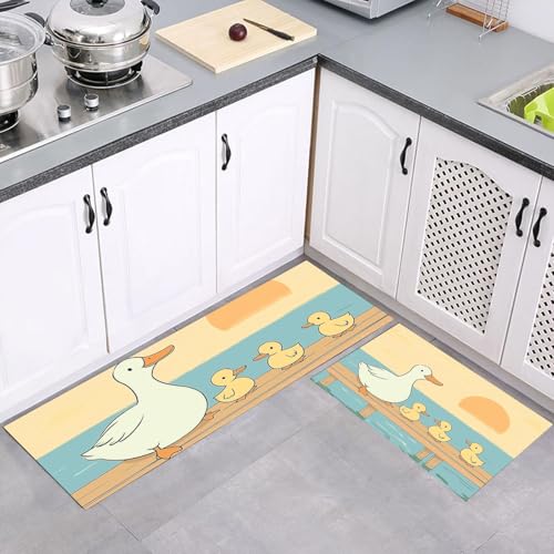 Küchenteppiche 2 Stück Küchen Läufer Waschbar, Illustration Muster Küchenmatte rutschfest, Dauerhafte Teppiche Für Küche, Esszimmer, Flur Cartoon-Ente, 43x75cm+43x150cm von MULERN
