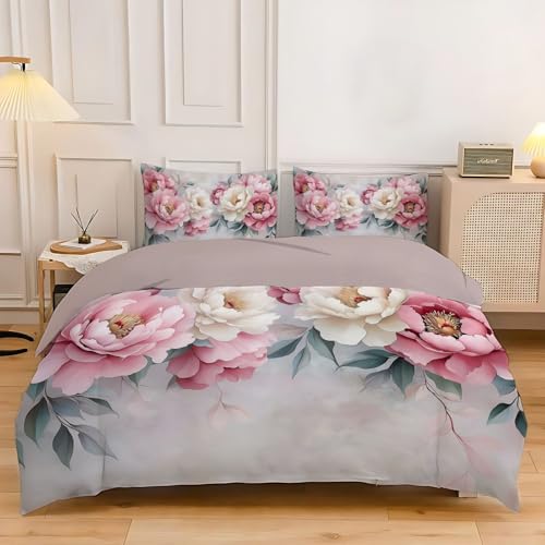 MULERN Bettwäsche 155x200Cm 3Teilig, Rosa Und Weiß, Blumen Bettbezug 3Er Set, Retro Microfaser Wende Bettwäsche-Sets Und 2 X Kissenbezug 80X80 cm, Reversibler Bettbezug Mit Reißverschluss von MULERN