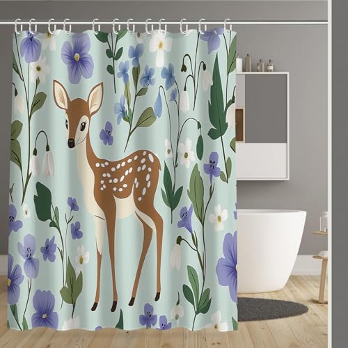 MULERN Duschvorhang, Wasserdichter Duschvorhang, Süßes REH 180X180Cm Waschbar Schnelltrocknender, Stoff Polyester Karikatur Badewanne Vorhang Mit 12 Duschvorhängeringen von MULERN