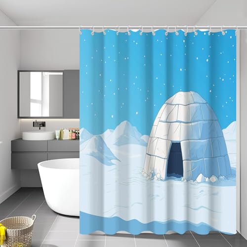 MULERN Duschvorhang 180 x 200 cm Textil Schnee Iglu Wasserdicht Shower Curtain, Polyester Stoff Cartoon Waschbar Bad Vorhang mit 12 Duschvorhangringe, für Badewanne und Bad von MULERN