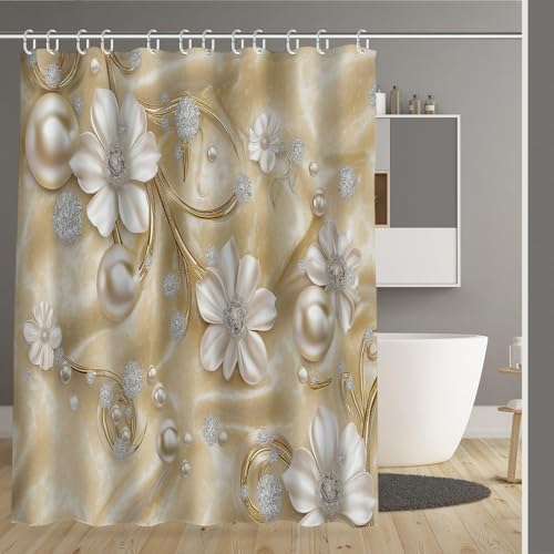 MULERN Duschvorhang 180X200Cm Polyester Textil, Wasserdicht Und Trocknet Schnell Badvorhang, Perlweiße Blume Waschbar Stoff Duschvorhang Badewanne Mit 12 Duschvorhangringe von MULERN