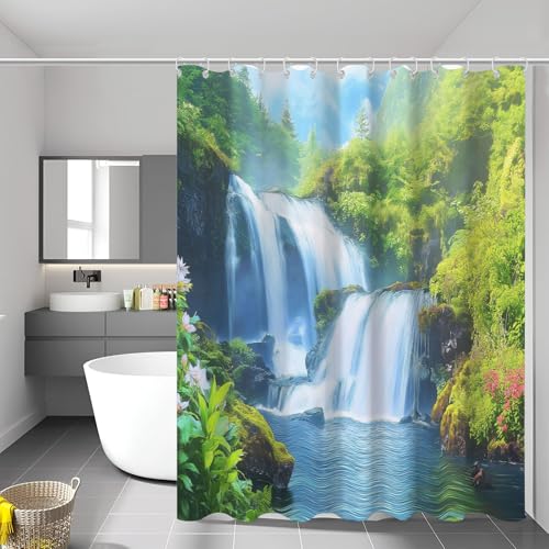 MULERN Duschvorhang 240 x 200 cm, Tal Wasserfall Wasserabweisend, Waschbar Polyester Stoff Schön Natur Badevorhänge mit Ösen und 12 Duschvorhangringe für Badezimmer, Badewanne von MULERN