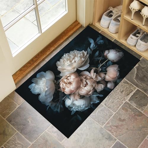 MULERN Eingang Fußmatte 50X80Cm - Innen Und Außen Waschbar Fussmatt, Wasserdicht Türmatte, Pfingstrosen Und Rosen Rutschfester Schmutzfänger Teppich Für Eingang, Haustür, Patio, Flur, Garten von MULERN