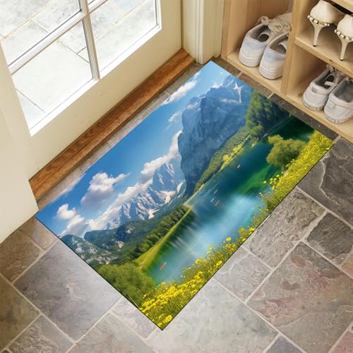MULERN Fußmatte 50X80Cm - rutschfeste Eingangsmatte, Strapazierfähige Fußmatte, Schmutzfangmatte Mit Gummibeschichtung Für Den Außenbereich, Berge Wald Fluss Waschbare Fußmatte von MULERN