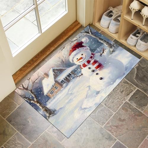 MULERN Fußmatte - 60X90Cm rutschfeste Eingangsmatte, Strapazierfähige Fußmatte, Schmutzfangmatte Mit Gummibeschichtung Für Den Außenbereich, Schneemann Mit Schal Waschbare Fußmatte von MULERN