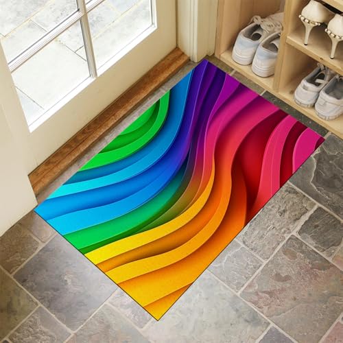 MULERN Fußmatte Außen Und Innen - 60X90Cm rutschfeste Schmutzfangmatte Türmatte, Waschbar Wetterfest Fussmatte, Aussen Für Haustür, Eingangsbereich, Garten Türmatte, Welle Bunter Regenbogen Teppich von MULERN