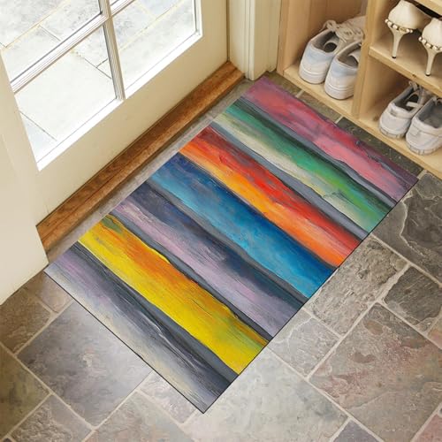 MULERN Fußmatte Außen Und Innen - 90X150Cm rutschfeste Schmutzfangmatte Türmatte, Waschbar Wetterfest Fussmatte, Aussen Für Haustür, Eingangsbereich, Garten Türmatte, Bunte Vertikale Streifen Teppich von MULERN