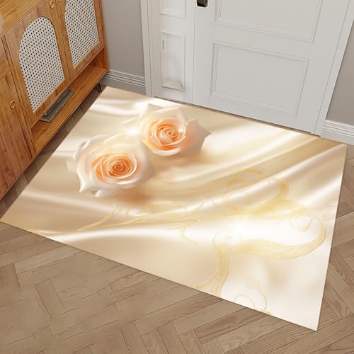 MULERN Fußmatte Innen, Rose Wirbel Waschbar Wasserdicht Robust Elegant Blumig Schmutzfänger für Eingang, Haustür, Flur, Küche, Schlafzimmer Poet Größe 60x90cm Carpet Gold Pink von MULERN