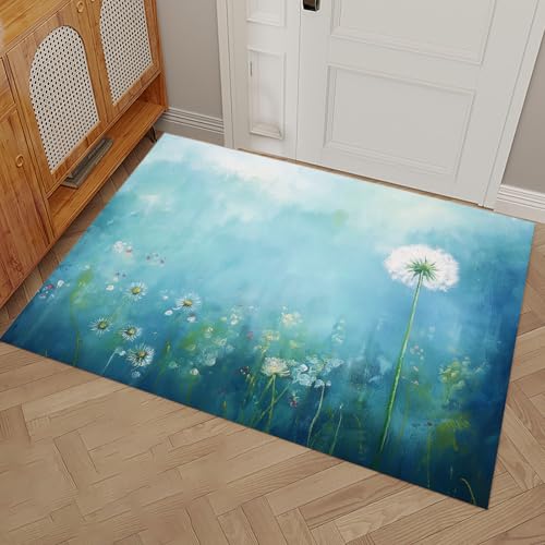MULERN Fußmatte Innen, Wildblumen Löwenzahn Waschbar Wasserdicht Robust Impressionismus Kunst Schmutzfänger für Eingang, Haustür, Flur, Küche, Schlafzimmer Poet Größe 60x90cm Carpet Blaugrün von MULERN