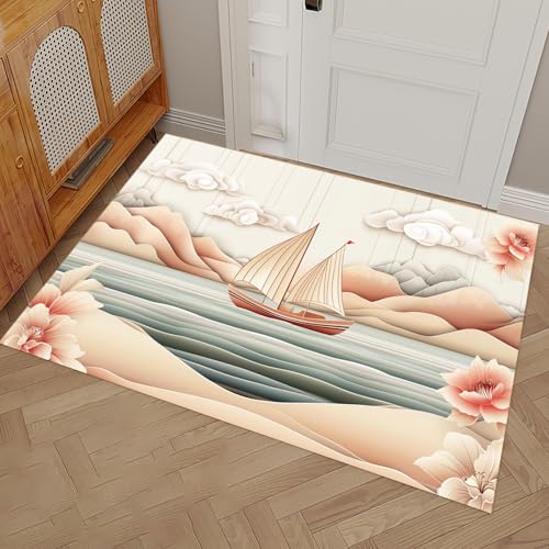 MULERN Fußmatte Schmutzfangmatte 60x90cm, Chinesischer Stil Waschbar Wasserdicht Robust Teppich, Geometrie Meer Segelboot Antirutsch Willkommens Fussmatte Für Eingang, Küche, Schlafzimmer Carpet von MULERN