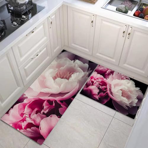 MULERN Küchenteppich Anti Rutsch Küchenmatte Set, Rosa Weiße Pfingstrose Küchenteppiche Waschbar Blumen Küchenläufer Geeignet Für Kinderzimmer, Eingangsbereich, Außenbereich, 43X75Cm+43X150Cm MULERN Küchenteppich Anti Rutsch Küchenmatte Set, Rosa Weiße Pfingstrose Küchenteppiche Waschbar Blumen Küchenläufer Geeignet Für Kinderzimmer, Eingangsbereich, Außenbereich, 43X75Cm+43X150Cm von MULERN