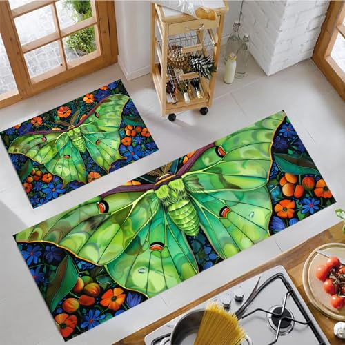 MULERN Küchenteppich Läufer 2 Stück, Glas Kunst Luna Motte Blumen rutschfest Waschbar Küchenläufer, Anti-Müdigkeit Küchenmatte, Weich Teppich für Küche Esszimmer Flur Hellgrün, 40x60cm+40x120cm MULERN Küchenteppich Läufer 2 Stück, Glas Kunst Luna Motte Blumen rutschfest Waschbar Küchenläufer, Anti-Müdigkeit Küchenmatte, Weich Teppich für Küche Esszimmer Flur Hellgrün, 40x60cm+40x120cm von MULERN