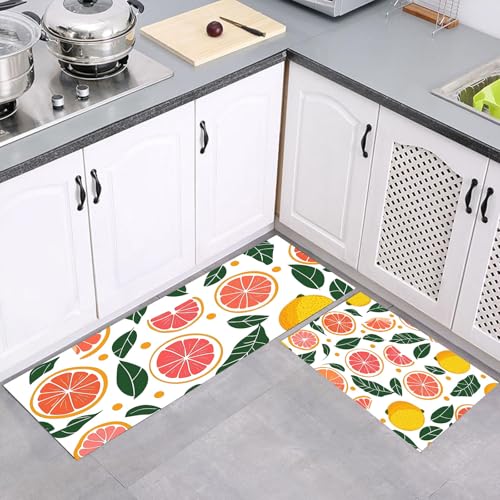 MULERN Küchenteppich Läufer 2 Stück, Handbemalt Früchte Blätter rutschfest Waschbar Küchenläufer, Anti-Müdigkeit Küchenmatte, Weich Teppich für Küche Esszimmer Flur Orange Grün, 43x75cm+43x150cm von MULERN