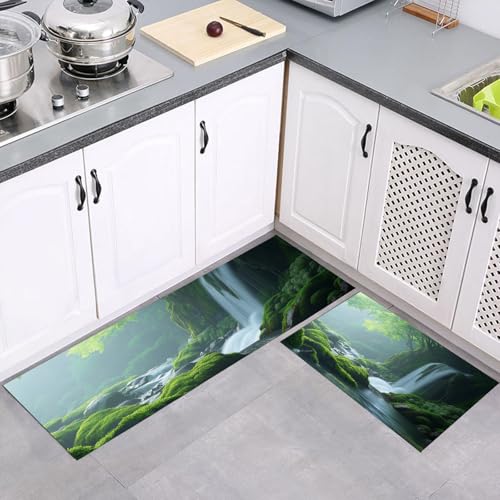 MULERN Küchenteppich Läufer 2 Stück, Japan Landschaft Nebel Wasserfall rutschfest Waschbar Küchenläufer, Anti-Müdigkeit Küchenmatte, Weich Teppich für Küche Esszimmer Flur Grün, 40x60cm+40x120cm MULERN Küchenteppich Läufer 2 Stück, Japan Landschaft Nebel Wasserfall rutschfest Waschbar Küchenläufer, Anti-Müdigkeit Küchenmatte, Weich Teppich für Küche Esszimmer Flur Grün, 40x60cm+40x120cm von MULERN