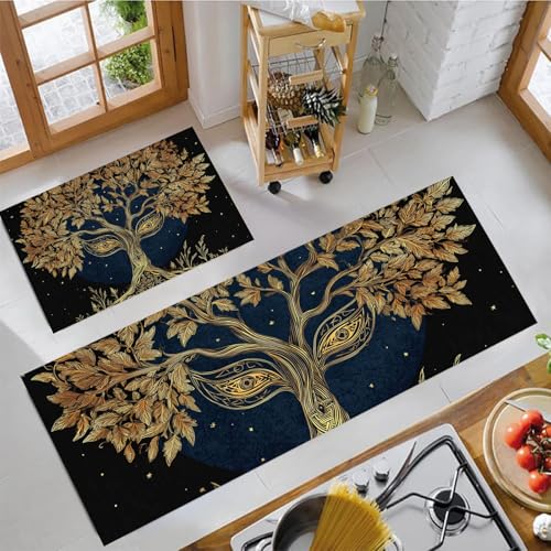 MULERN Küchenteppich Läufer 2 Stück, Kunst Keltisch Alte Bäume rutschfest Waschbar Küchenläufer, Anti-Müdigkeit Küchenmatte, Weich Teppich für Küche Esszimmer Flur Gold, 43x75cm+43x150cm MULERN Küchenteppich Läufer 2 Stück, Kunst Keltisch Alte Bäume rutschfest Waschbar Küchenläufer, Anti-Müdigkeit Küchenmatte, Weich Teppich für Küche Esszimmer Flur Gold, 43x75cm+43x150cm von MULERN
