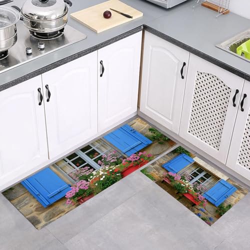 MULERN Küchenteppich Läufer 2 Stück, Landschaft Fensterläden Blumen rutschfest Waschbar Küchenläufer, Anti-Müdigkeit Küchenmatte, Weich Teppich für Küche Esszimmer Flur Erdfarbe, 43x75cm+43x150cm MULERN Küchenteppich Läufer 2 Stück, Landschaft Fensterläden Blumen rutschfest Waschbar Küchenläufer, Anti-Müdigkeit Küchenmatte, Weich Teppich für Küche Esszimmer Flur Erdfarbe, 43x75cm+43x150cm von MULERN