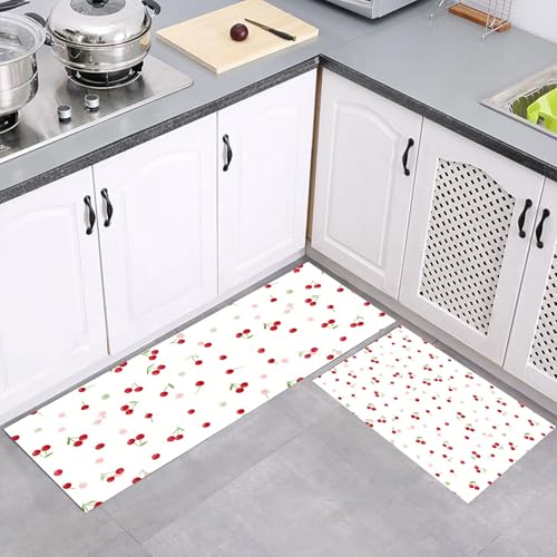 MULERN Küchenteppich Läufer 2 Stück, Minimalistisch Süße Kleine Kirsche rutschfest Waschbar Küchenläufer, Anti-Müdigkeit Küchenmatte, Weich Teppich für Küche Esszimmer Flur Rot Weiß, 43x75cm+43x150cm von MULERN