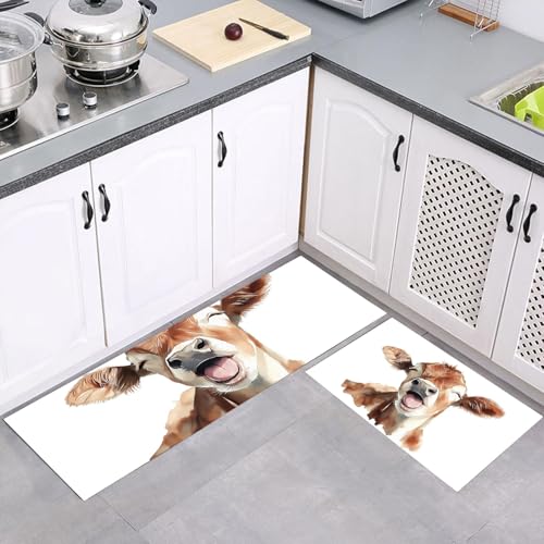 MULERN Küchenteppich Läufer 2 Stück, Süß Aquarell Gähnende Kuh rutschfest Waschbar Küchenläufer, Anti-Müdigkeit Küchenmatte, Weich Teppich für Küche Esszimmer Flur Braun Weiß, 40x60cm+40x120cm von MULERN