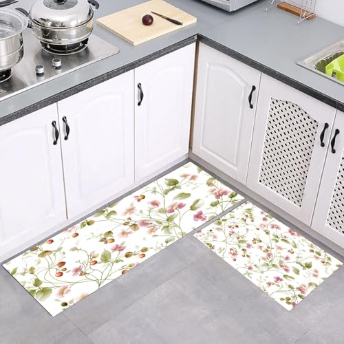 MULERN Küchenteppich Läufer 2 Stück, Süß Kleine Blumen Ranken Beeren rutschfest Waschbar Küchenläufer, Anti-Müdigkeit Küchenmatte, Weich Teppich für Küche Esszimmer Flur Rosa Grün, 43x75cm+43x150cm MULERN Küchenteppich Läufer 2 Stück, Süß Kleine Blumen Ranken Beeren rutschfest Waschbar Küchenläufer, Anti-Müdigkeit Küchenmatte, Weich Teppich für Küche Esszimmer Flur Rosa Grün, 43x75cm+43x150cm von MULERN