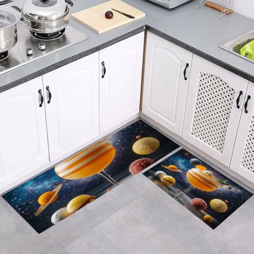 MULERN Küchenteppich Läufer 2 Stück, Weltraum Thema Saturn Cocktails rutschfest Waschbar Küchenläufer, Anti-Müdigkeit Küchenmatte, Weich Teppich für Küche Esszimmer Flur Dunkelblau, 43x75cm+43x150cm MULERN Küchenteppich Läufer 2 Stück, Weltraum Thema Saturn Cocktails rutschfest Waschbar Küchenläufer, Anti-Müdigkeit Küchenmatte, Weich Teppich für Küche Esszimmer Flur Dunkelblau, 43x75cm+43x150cm von MULERN