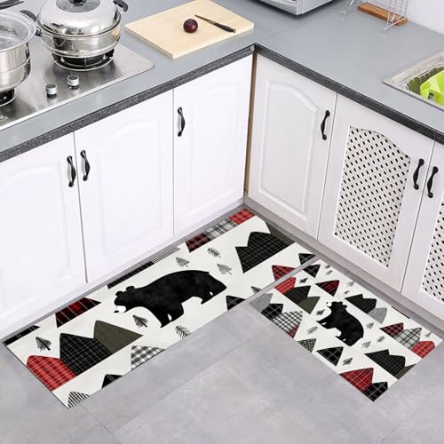 MULERN Küchenteppich Set 2 Stück, Bär Plaid Berg rutschfeste Küchenmatte Set, Waschbare Küchenbodenmatte für Küche, Eingang, Flur Läuferset Land Läufer, 43x75cm+43x150cm, Schwarz Rot von MULERN