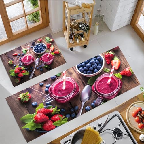MULERN Küchenteppich Set 2 Stück, Blaubeeren Salat rutschfeste Küchenmatte Set, Waschbare Küchenbodenmatte für Küche, Eingang, Flur Läuferset Obst Kunst Läufer, 40x60cm+40x120cm, Braun von MULERN