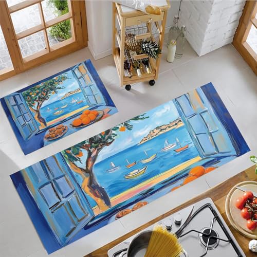 MULERN Küchenteppich Set 2 Stück, Fenster Meer Boot rutschfeste Küchenmatte Set, Waschbare Küchenbodenmatte für Küche, Eingang, Flur Läuferset Illustration Läufer, 43x75cm+43x150cm, Blau MULERN Küchenteppich Set 2 Stück, Fenster Meer Boot rutschfeste Küchenmatte Set, Waschbare Küchenbodenmatte für Küche, Eingang, Flur Läuferset Illustration Läufer, 43x75cm+43x150cm, Blau von MULERN