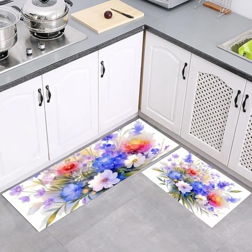 MULERN Küchenteppich Set 2 Stück, Frühling Blumen rutschfeste Küchenmatte Set, Waschbare Küchenbodenmatte für Küche, Eingang, Flur Läuferset Aquarell Läufer, 43x75cm+43x150cm, Lila Blau MULERN Küchenteppich Set 2 Stück, Frühling Blumen rutschfeste Küchenmatte Set, Waschbare Küchenbodenmatte für Küche, Eingang, Flur Läuferset Aquarell Läufer, 43x75cm+43x150cm, Lila Blau von MULERN